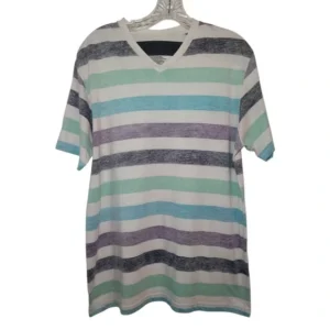 OP Men Basic Casual Short Sleeve V-Neck Navy, Aqua and Gray Striped T-shirt Size Medium