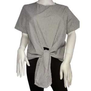 Bleuh Ceil Women Short Sleeve White & Gray Stripes Boxy Size Large