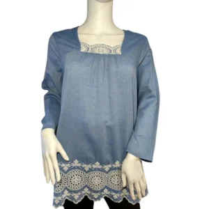 St. John's Bay Women Embroidered Denim Chambray Boho Top 100% Cotton Size Medium