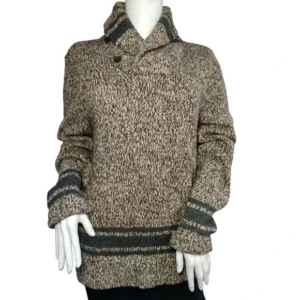 Eddie Bauer Lambs Wool Shawl-Neck Cable-Knit Sweater Pullover Brown and Green Size Small