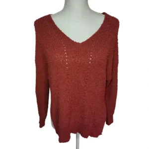 Debut Women Sweater Long Sleeves V-Neck Pullover Pointelle Knit Orange Size X-Small