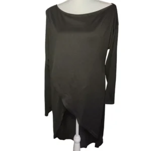 Women Top Long Sleeves Crossover Front Boat Neck Hi-Low Hem Green Size Large