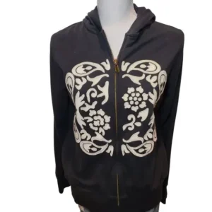Sport Savvy Hoodie Sweatshirt Full Zip Paisley Print Patch Pockets Black X-Small