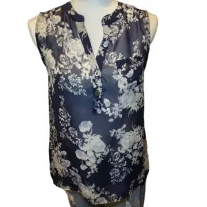 Aeropostale Women Floral Print Sleeveless Button Front High Low Blue Top Size Medium