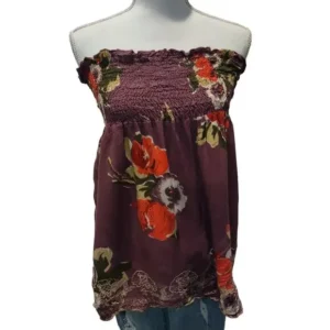 Fun & Flirt Women Smocked Tube Top Embroidered Floral Print Strapless Maroon Size-Large
