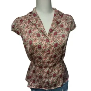 Ann Taylor Loft Women Button Down Cap Sleeve Tie Waist Floral Pink Top Size 4