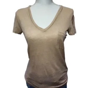 J. Crew Women 100% Linen Short Sleeve V-Neck Patch Pocket Brown T-Shirt Size X-Small