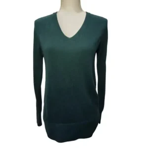 Loft Women V-Neck Long Sleeve Ribbed Knitted Pullover Stretch Green Sweater Size X-Small