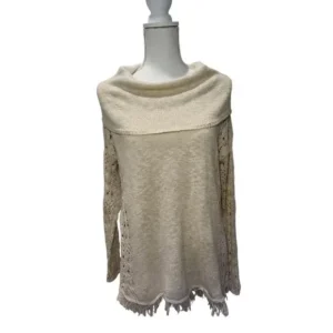 Women Crochet Cowl-Neck Long Sleeve Fringe Hem Knit Cream Sweater Size Large