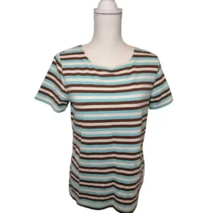 Sport Savvy Women Short Sleeves Crew-Neck Striped Blue and Brown Top Size X-Small