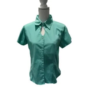 DKNY Women Short Sleeves Button Down Keyhole Neck Collared Green Top Size X-Large