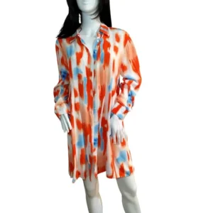 Women Long Sleeve Collared Button Down Front Closure Dress Multicolor Tie-dye Size Large