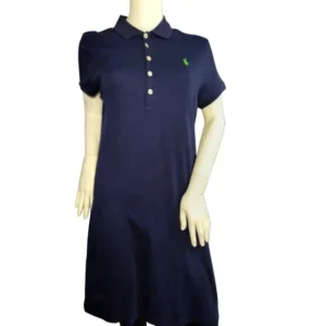 Ralph Lauren Women Short Sleeve Collared Polo A-Line Shirt Dress Navy Blue Size Large