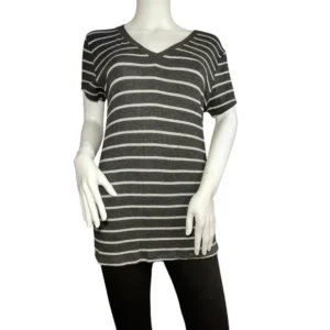 Zenana Outfitters Women Short Sleeve V-neck Stripes Gray and White T-Shirt Size Large