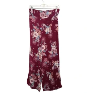 Womens Loose Trousers Stretchy Wide Leg Loose Pants Burgundy Floral Large