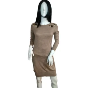 BCX Womens Tan Silver Rhinestone Shoulder Long Sleeve Sweater Dress Size Medium
