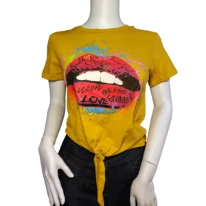 On Fire Women Pullover Cropped Fringes Lips Mouth T-Shirt Size Small