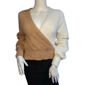 Almost Famous Women Crisscross White and Brown Sweater Size-Large