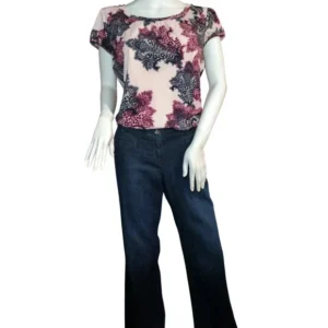 Worthington Women Cap Sleeve Scoop-Neck Floral Blouse Pink Size-Medium
