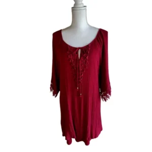 NAIF Women Tie Keyhole Crochet Front Boho Dress Burgundy Size Medium 100% Rayon
