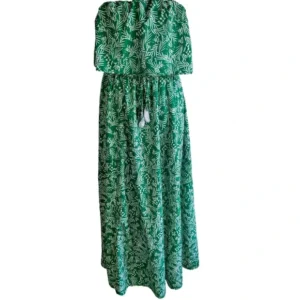 Women Green Leaf Print Strapless Ruffle Drawstring Long Maxi Dress Size Large