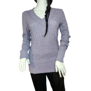 Ann Taylor LOFT Sweater Cable Knit V-Neck Pullover Wool Blend Purple Womens M
