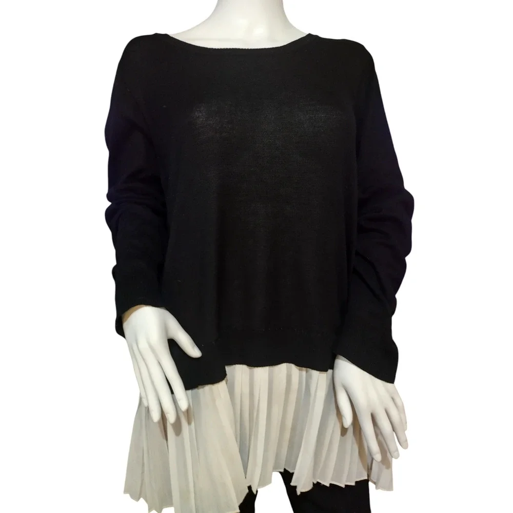 Fever 2-fer Sweater Knit Long Sleeves Tunic Ruffle Hem Black White Womens XL - Image 2