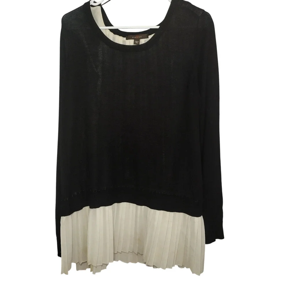 Fever 2-fer Sweater Knit Long Sleeves Tunic Ruffle Hem Black White Womens XL - Image 7