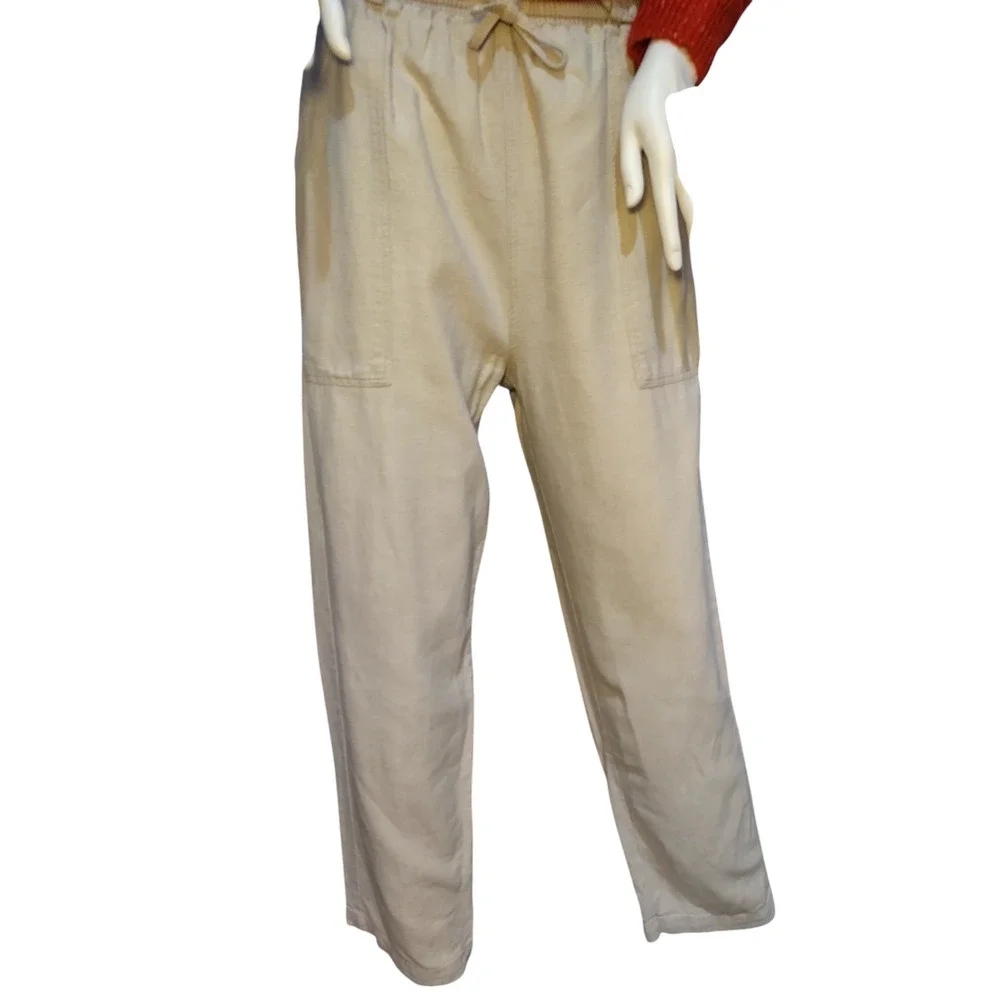 Erika Collection Ankle Pants Drawstring Straight Leg Linen Blend Tan Womens S - Image 2