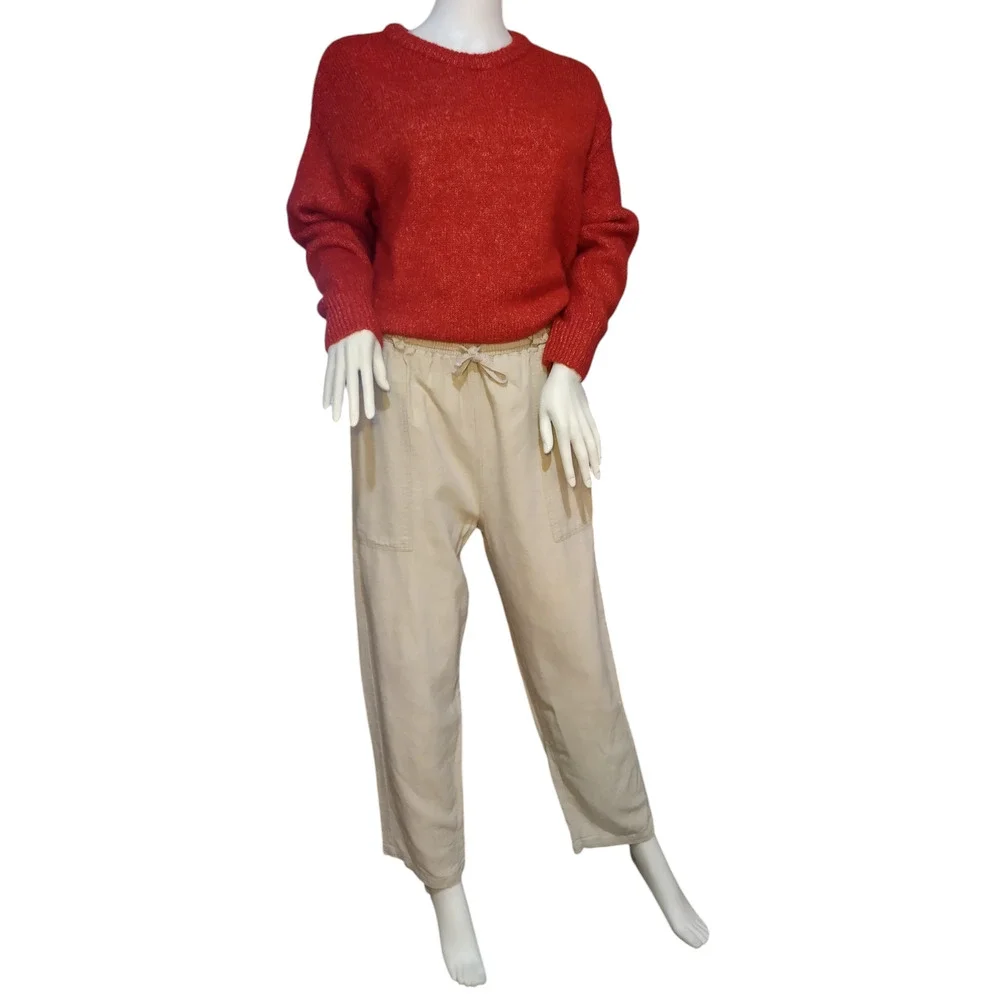 Erika Collection Ankle Pants Drawstring Straight Leg Linen Blend Tan Womens S - Image 3