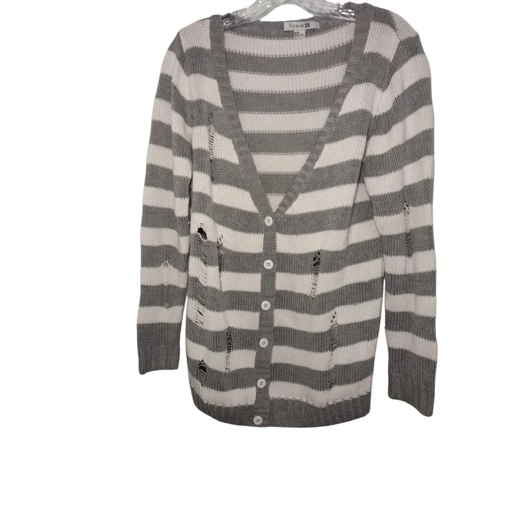 Forever 21 Cardigan Sweater Knit Button Front V-Neck Striped Gray Womens Medium - Image 2