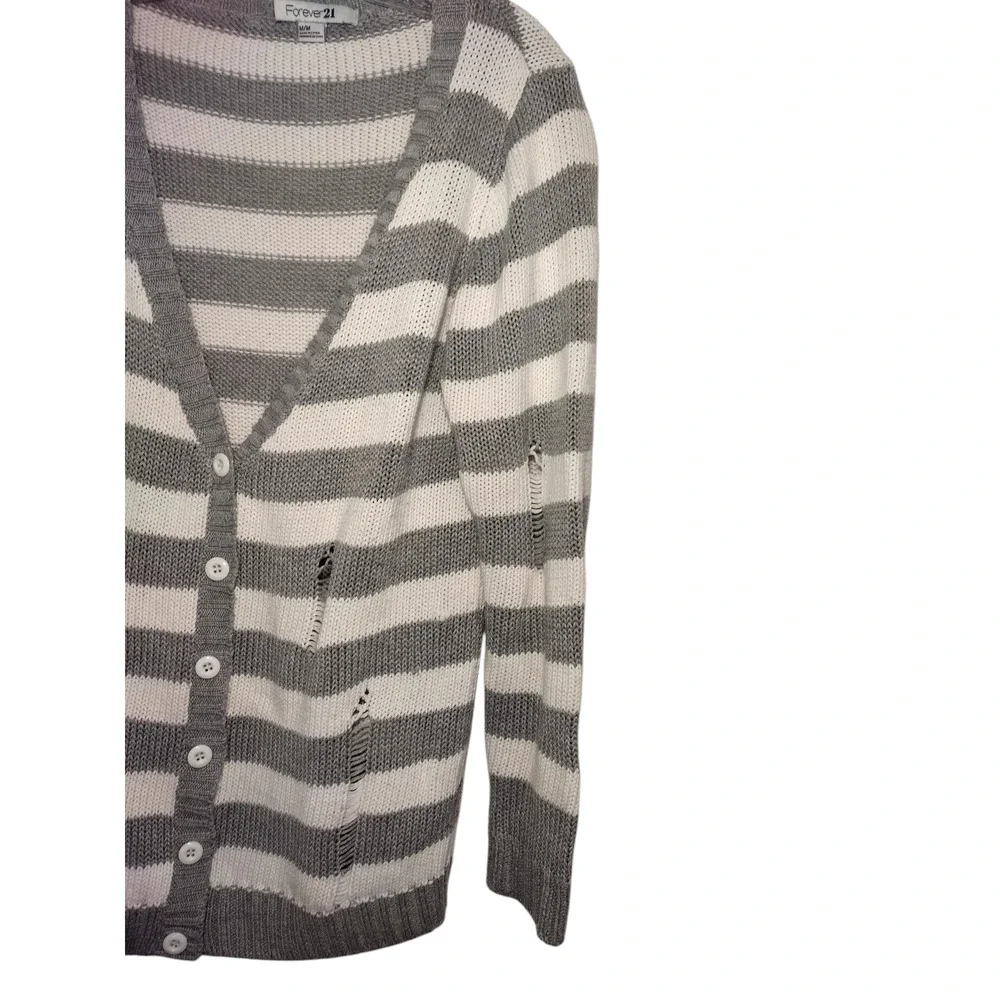 Forever 21 Cardigan Sweater Knit Button Front V-Neck Striped Gray Womens Medium - Image 9