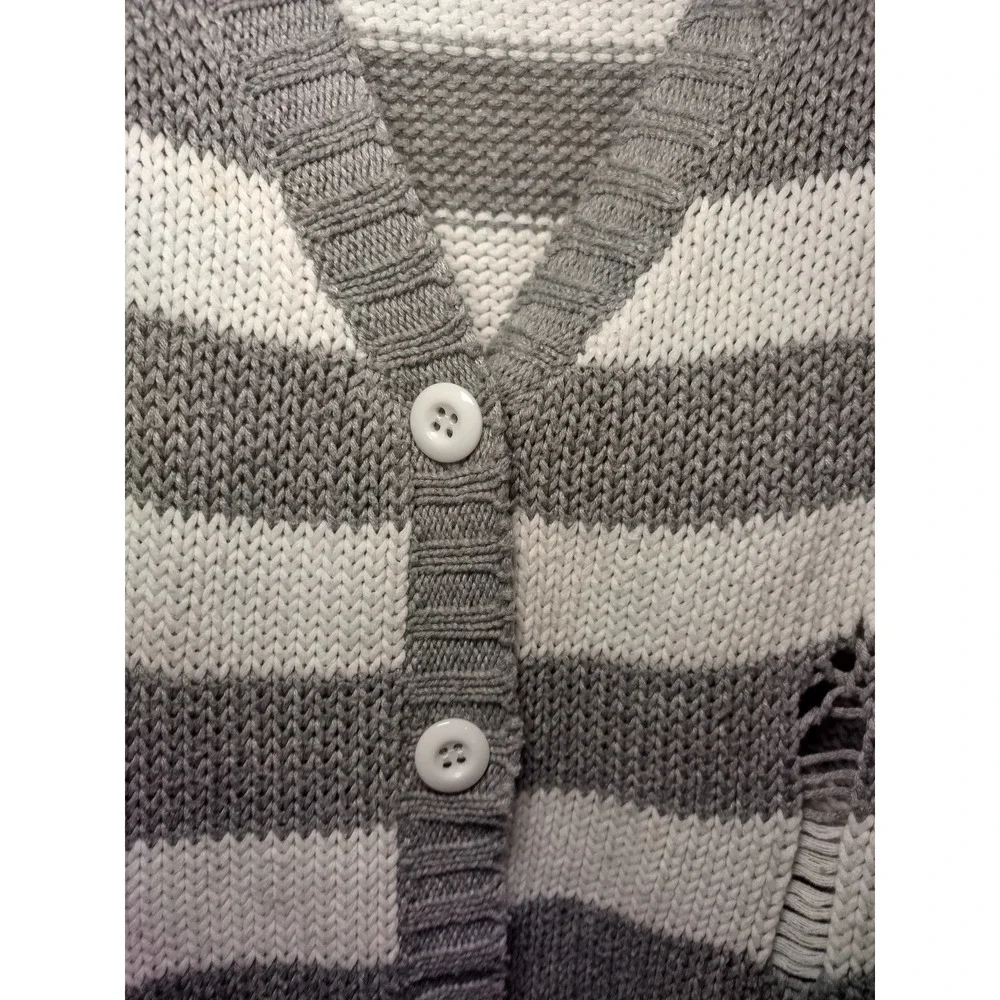 Forever 21 Cardigan Sweater Knit Button Front V-Neck Striped Gray Womens Medium - Image 10