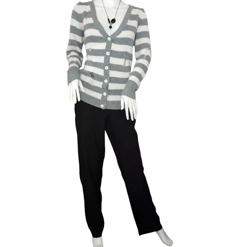 Forever 21 Cardigan Sweater Knit Button Front V-Neck Striped Gray Womens Medium - Image 3
