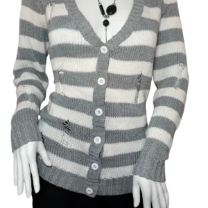 Forever 21 Cardigan Sweater Knit Button Front V-Neck Striped Gray Womens Medium