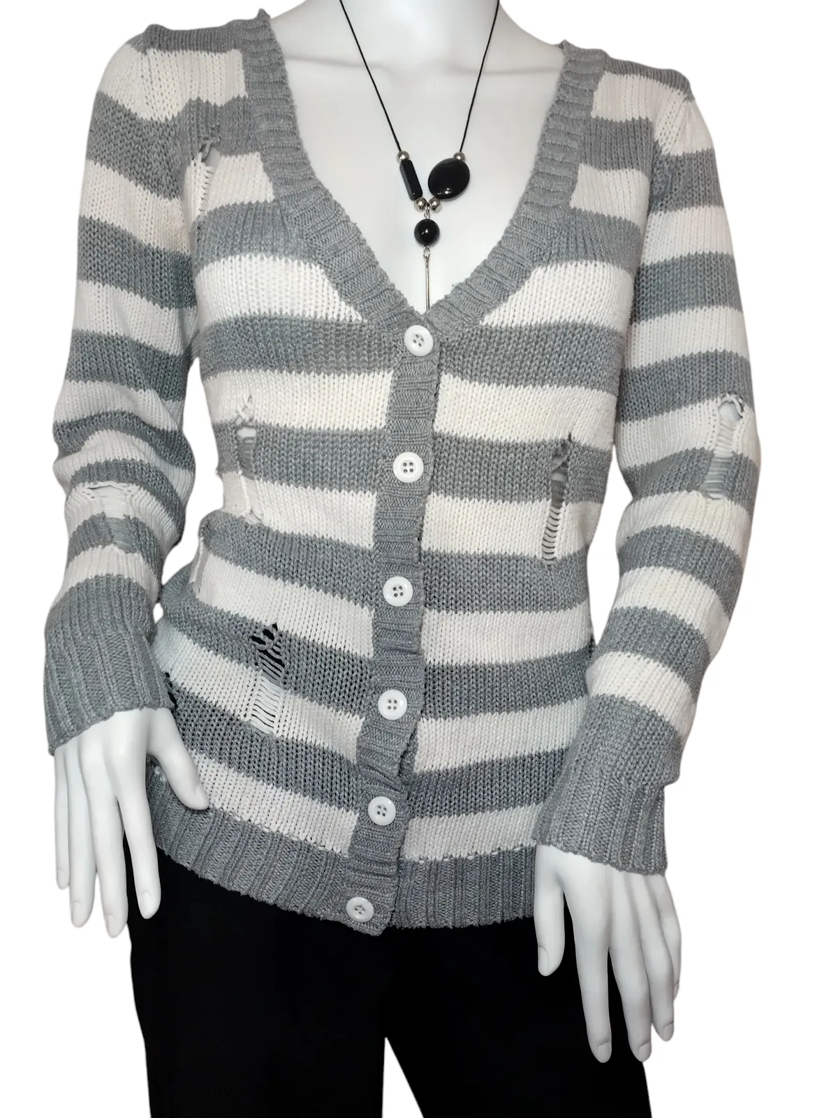 Forever 21 Cardigan Sweater Knit Button Front V-Neck Striped Gray Womens Medium