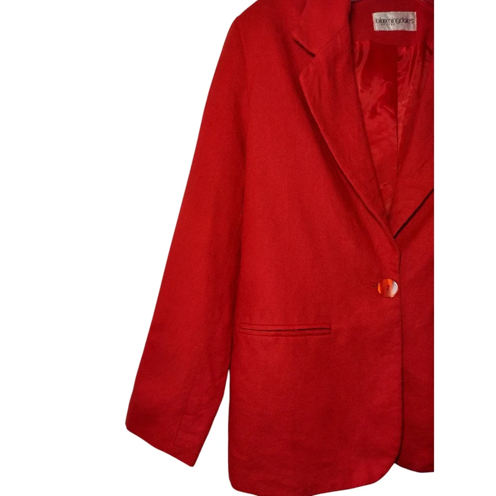 Bloomingdales Linen Blazer Jacket Notch Lapel Shoulder Pads Red Womens Size PM - Image 9