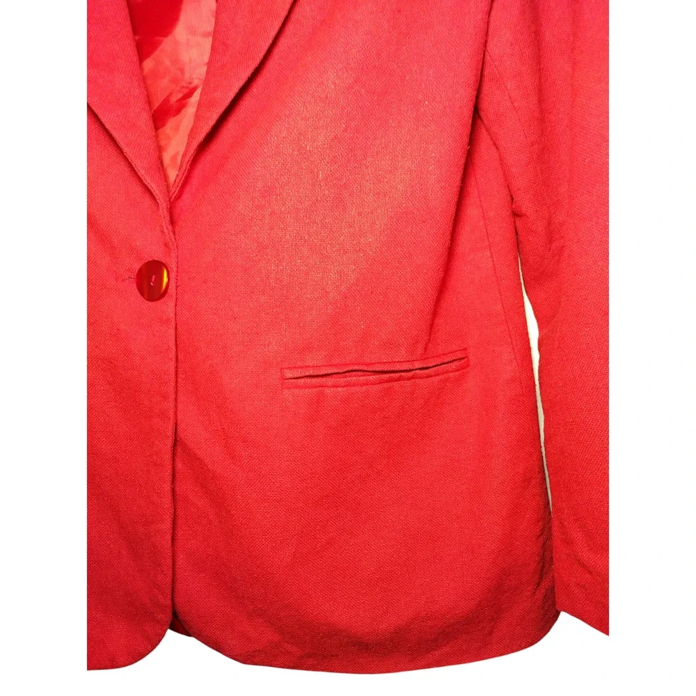 Bloomingdales Linen Blazer Jacket Notch Lapel Shoulder Pads Red Womens Size PM - Image 5