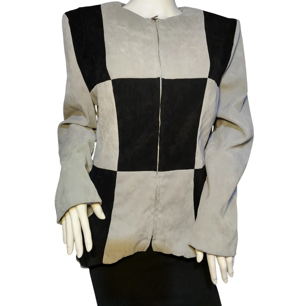 Jessica Howard Suede Suit Blazer Front Zip Colorblock Gray Black Womens Size 16