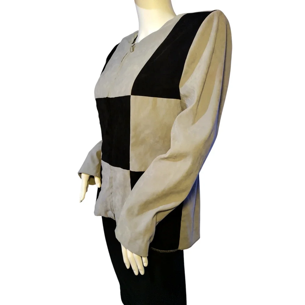 Jessica Howard Suede Suit Blazer Front Zip Colorblock Gray Black Womens Size 16 - Image 2