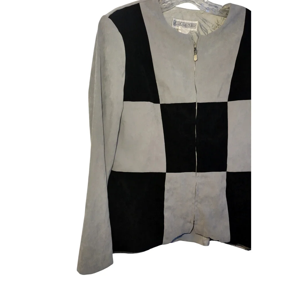 Jessica Howard Suede Suit Blazer Front Zip Colorblock Gray Black Womens Size 16 - Image 4