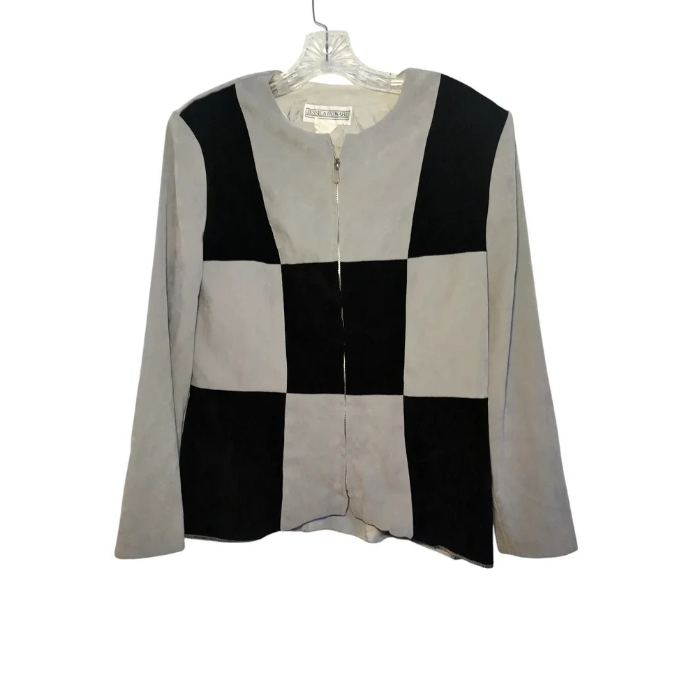 Jessica Howard Suede Suit Blazer Front Zip Colorblock Gray Black Womens Size 16 - Image 3