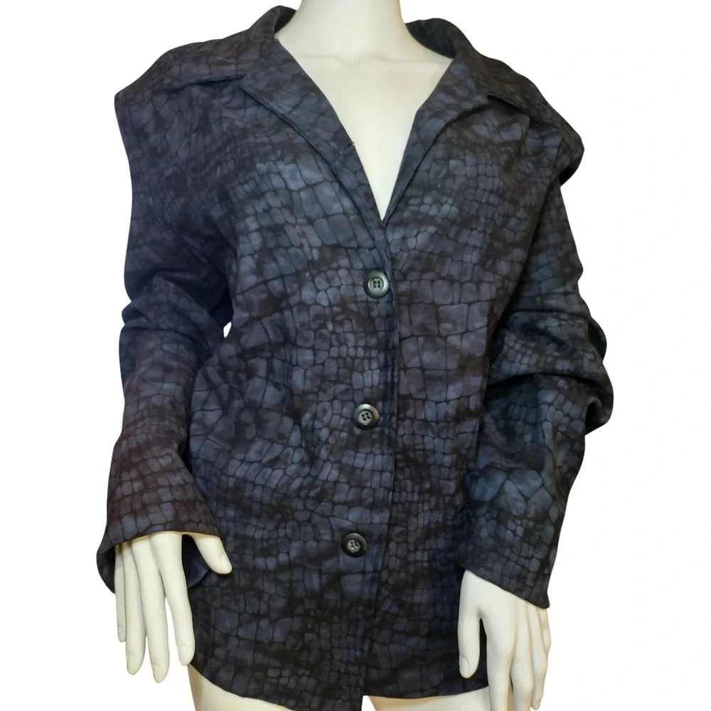 BRIGGS Blazer Jacket Shoulder Pads Croc Animal Print Black Blue Womens Size 2X
