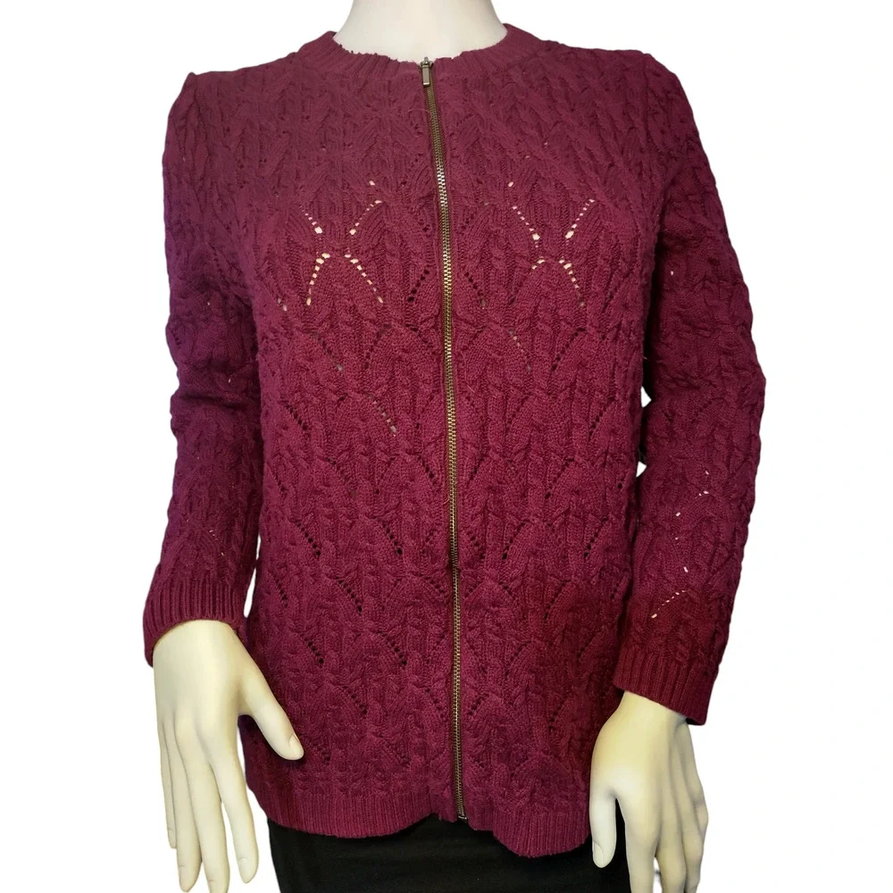 Talbots Full Zip Sweater Crew Neck Wool Cashmere Blend Knit Red Womens Size PXL
