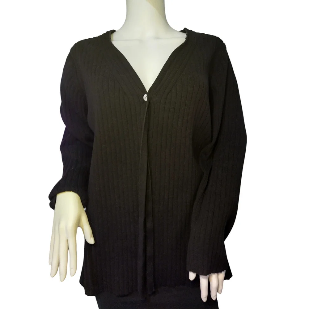August Max Woman Cardigan Sweater Rib Knit Long Sleeve Black Womens Size 2X