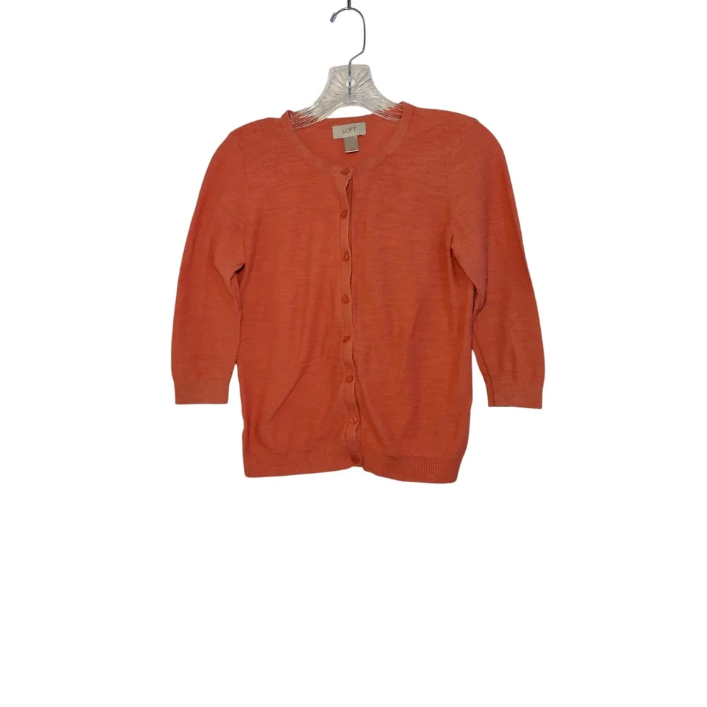 Ann Taylor LOFT Cardigan Sweater Button Front Crop Knit Peachy Orange Womens PS