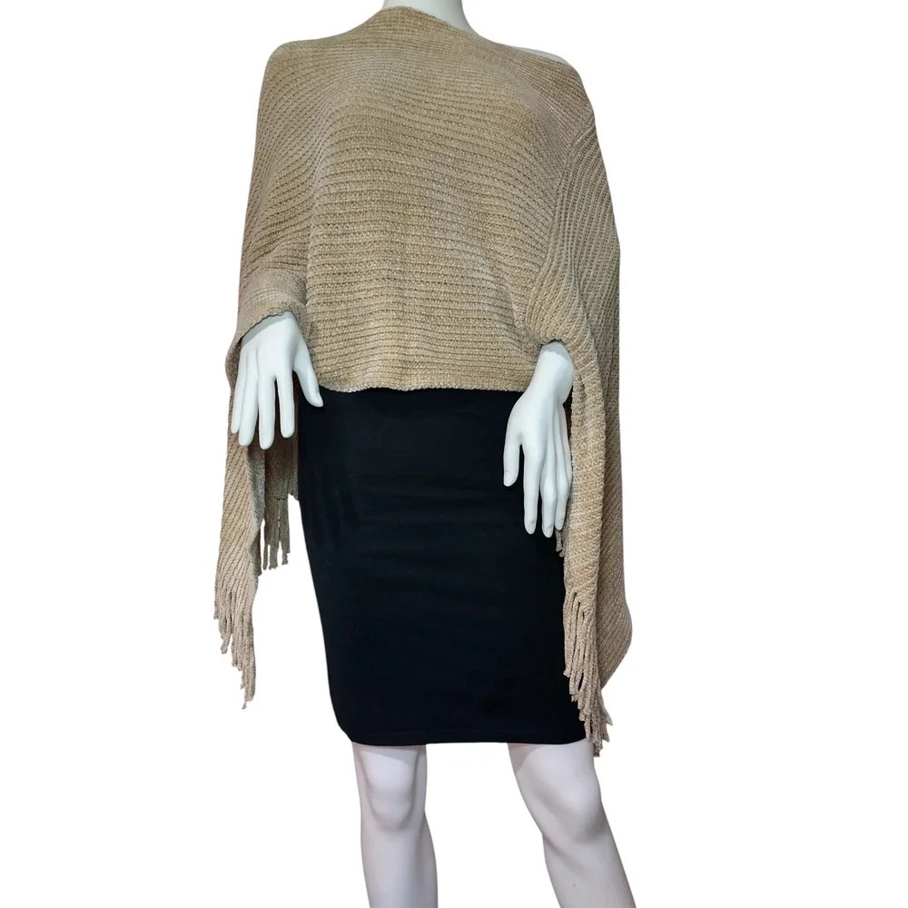 Womens Poncho with Tassel Cape Sweater Shawl Taupe 100%polyester