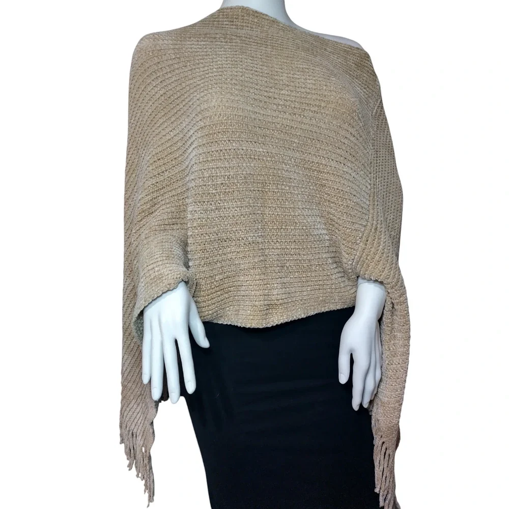 Womens Poncho with Tassel Cape Sweater Shawl Taupe 100%polyester - Image 2