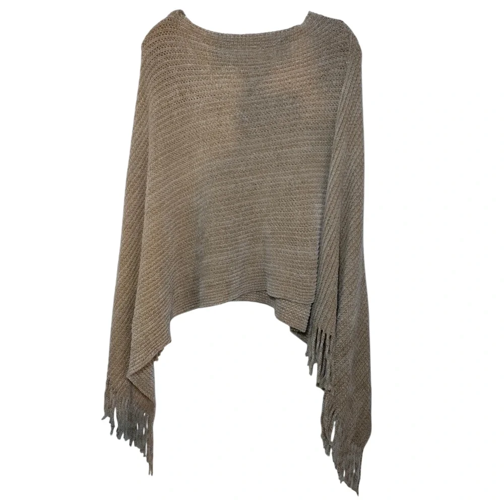 Womens Poncho with Tassel Cape Sweater Shawl Taupe 100%polyester - Image 4