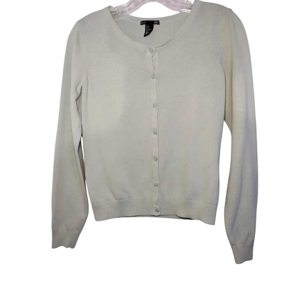 H&M Womens Crew neck Ribbed Knit Basic Cardigan Sweater Gray 100%Cotton Small